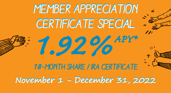 Certificate Special 1.92% APY thru December 31, 2022